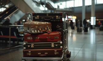A stack of suitcases on a cart in an airport photo