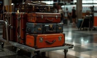 A cart with a stack of suitcases photo