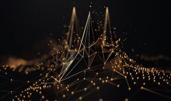 Golden geometric pyramids on dark background, connected by glowing lines and particles photo