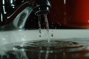 Faucet water droplets splashing into sink photo