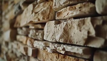 Close-up view of a stacked stone wall. Natural stone cladding, various beige and tan hues. Intricate textures and patterns photo