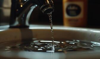 Water flowing from a faucet into a sink photo
