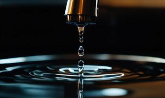 Water dripping from faucet into a pool of water photo