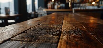 A close up of a bar table with a wooden top photo