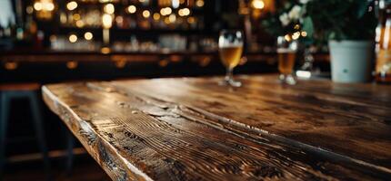 A wooden table with two glasses on it photo