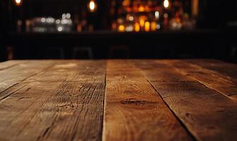 Rustic wooden table top in a dimly lit bar photo