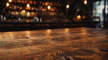 A wooden table with lights in the background photo