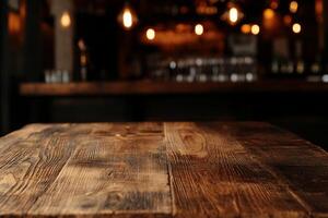 A wooden table in a bar with dim lights photo