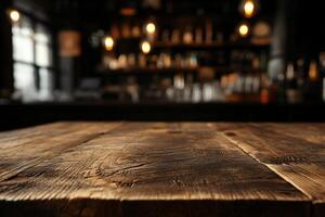 Rustic wooden bar top, dimly lit photo