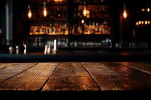 Rustic wooden bar table top, blurred background of a dark, dimly lit bar with bottles and lights photo