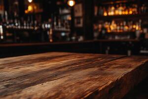 Rustic wooden bar table in dimly lit pub photo