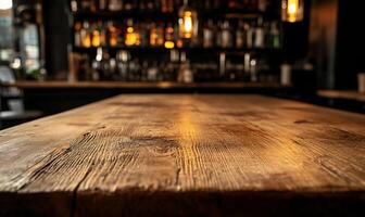 A wooden table in a bar photo