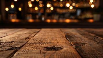 Rustic wooden bar table top, dimly lit bar background photo