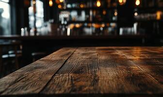 Rustic bar table, dimly lit, warm ambiance photo