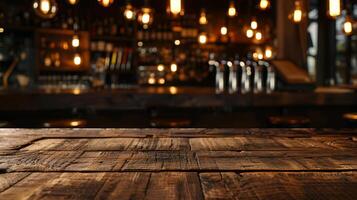 Rustic bar table top in dimly lit pub photo