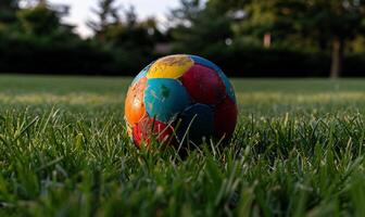 A colorful soccer ball sits on the grass photo