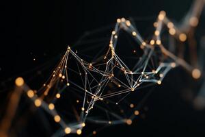 Abstract network of interconnected points and lines, creating a dynamic, swirling pattern against a dark background. The lines and points have a golden hue, creating a sense of energy and complexity photo