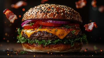 Delicious juicy gourmet burger with bacon and cheese. A perfect combination of flavors and textures. Fresh ingredients, perfectly cooked, and presented in a high-quality image photo