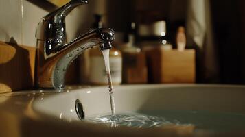 Running water tap in a bathroom sink photo
