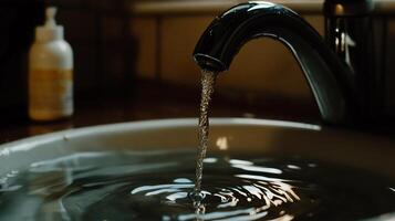 Water flowing from faucet into sink photo