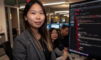 Asian woman in tech office, focused on coding photo
