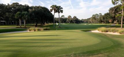 Pristine golf course fairway with lush green photo
