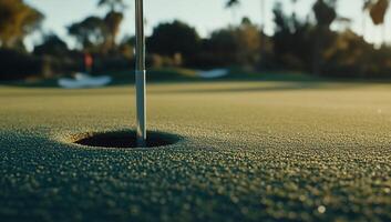 Close-up golf hole with flag. Crisp green, well-maintained putting green, ready for play. Golden hour sunlight filters through trees photo