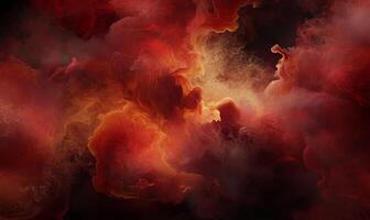 Abstract cosmic nebula, swirling colors of red, orange and gold in a deep space photo