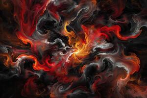 Abstract swirling chaotic forms in fiery reds, oranges, and grays photo
