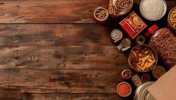 Assorted food donations on rustic wooden surface. Various canned goods, grains, and legumes are neatly arranged, ready for distribution photo