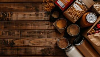 Assorted food items on wooden surface. Various canned and packaged goods, including pasta, sauces, and grains, are visible photo