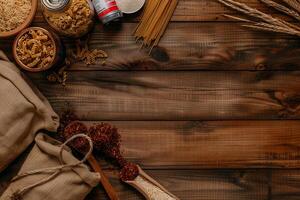 Assorted grains and pasta on wooden surface photo