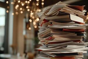 Towering stack of papers, overflowing with documents photo
