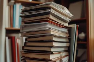 High stack of books and papers, overflowing photo
