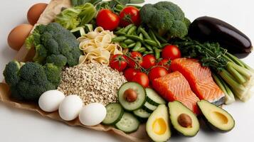 Healthy balanced meal ingredients. A variety of fresh, nutritious foods including vegetables, fruits, protein, and grains photo