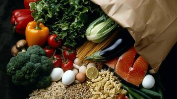 Fresh produce and protein in a paper bag photo