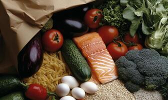 Fresh, varied produce and protein assortment in paper bag photo