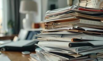 A pile of papers on a desk in front of a window photo