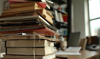 High stack of books and papers on a desk photo