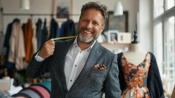 A man in a suit is smiling while holding a measuring tape photo