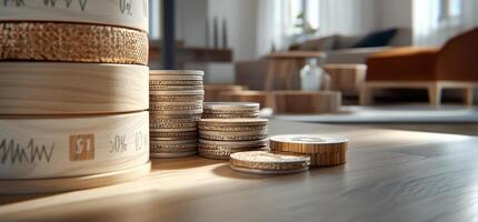 Wooden Circles Stacked with Coins photo