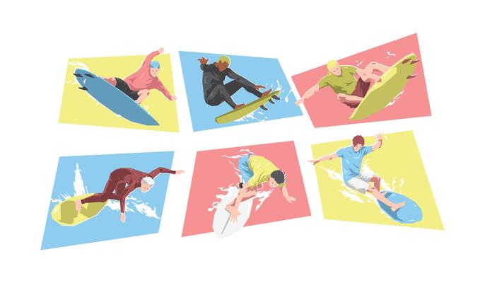 Male surfer characters. Different action, pose. Sport, surfing, hobby, summer theme. Cartoon flat illustration.