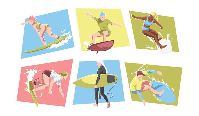 Female surfer characters. Different action, pose. Sport, surfing, hobby, summer theme. Cartoon flat illustration.