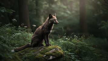 A fox sitting on a mossy rock in a lush forest environment photo