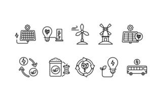 Renewable energy set line icons depict various sustainable energy sources. Ideal for environmental presentations, websites, and educational materials on sustainability. vector