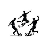 Three black silhouette designs of soccer players in action kicking the ball in different styles, perfect for sports related designs, soccer. vector