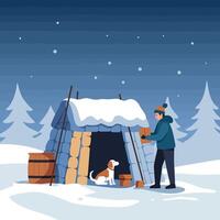 Man Building Shelter with Dog in Winter Snow Landscape vector