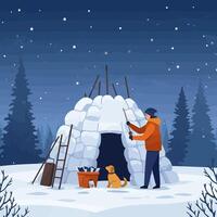 Building Igloo with Dog in Snowy Winter Scene at Night vector