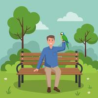 Man Sitting with Parrot on Park Bench Enjoying Peaceful Afternoon vector