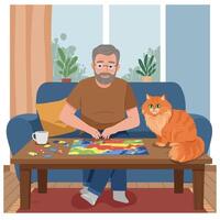Man Doing Jigsaw Puzzle at Home with Orange Cat Watching vector